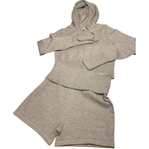 Orange Kiss Womens Taupe 2-Piece Full Zip Foldover Waist Hoodie Shorts Set Large - Picture 1 of 5
